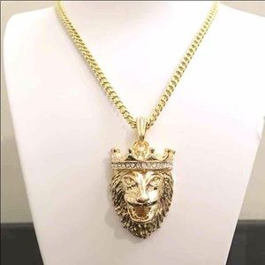 14k Gold Iced Out Hip Hop Lion Face Charm Chain